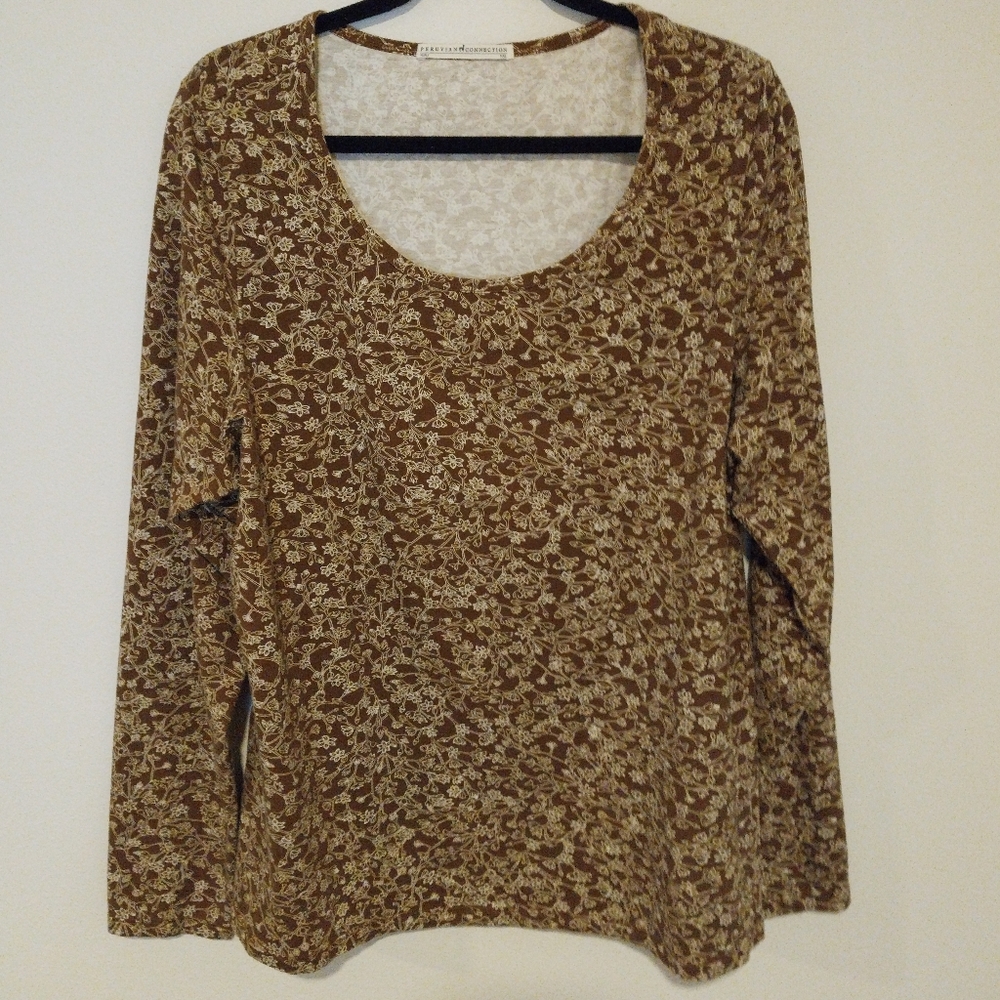 Peruvian Connection Brown and Cream Floral Pima Cotton Tee